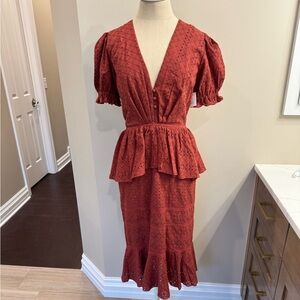 Johanna Ortiz Orange Peplum Tiered Midi Dress